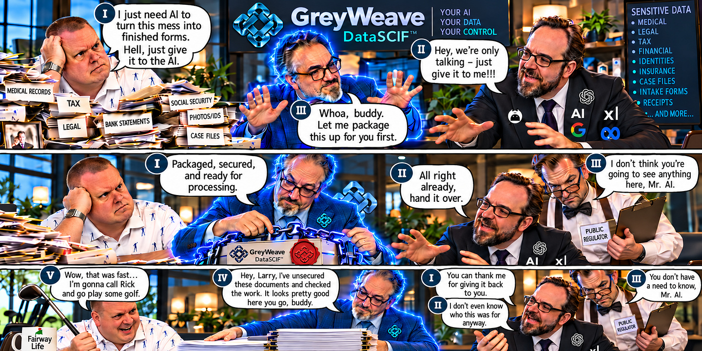 Three-row cartoon. Row 1: a man buried in piles of paperwork (medical records, tax, legal, bank statements) says, I just need AI to turn this mess into finished forms. Hell, just give it to the AI. A GreyWeave DataSCIF figure says, Whoa, buddy. Let me package this up for you first. An AI figure says, Hey, we're only talking, just give it to me. Row 2: the DataSCIF figure seals the documents in a chained box with a red GreyWeave DataSCIF seal and says, Packaged, secured, and ready for processing. The AI figure says, All right already, hand it over. A public regulator tells the AI, I don't think you're going to see anything here, Mr. AI. Row 3: the man, relieved, says he will call Rick and go play some golf. The DataSCIF figure hands back a stack of finished work, saying it looks pretty good. The AI says, You can thank me for giving it back to you, and, I don't even know who this was for anyway. The regulator says, You don't have a need to know, Mr. AI.